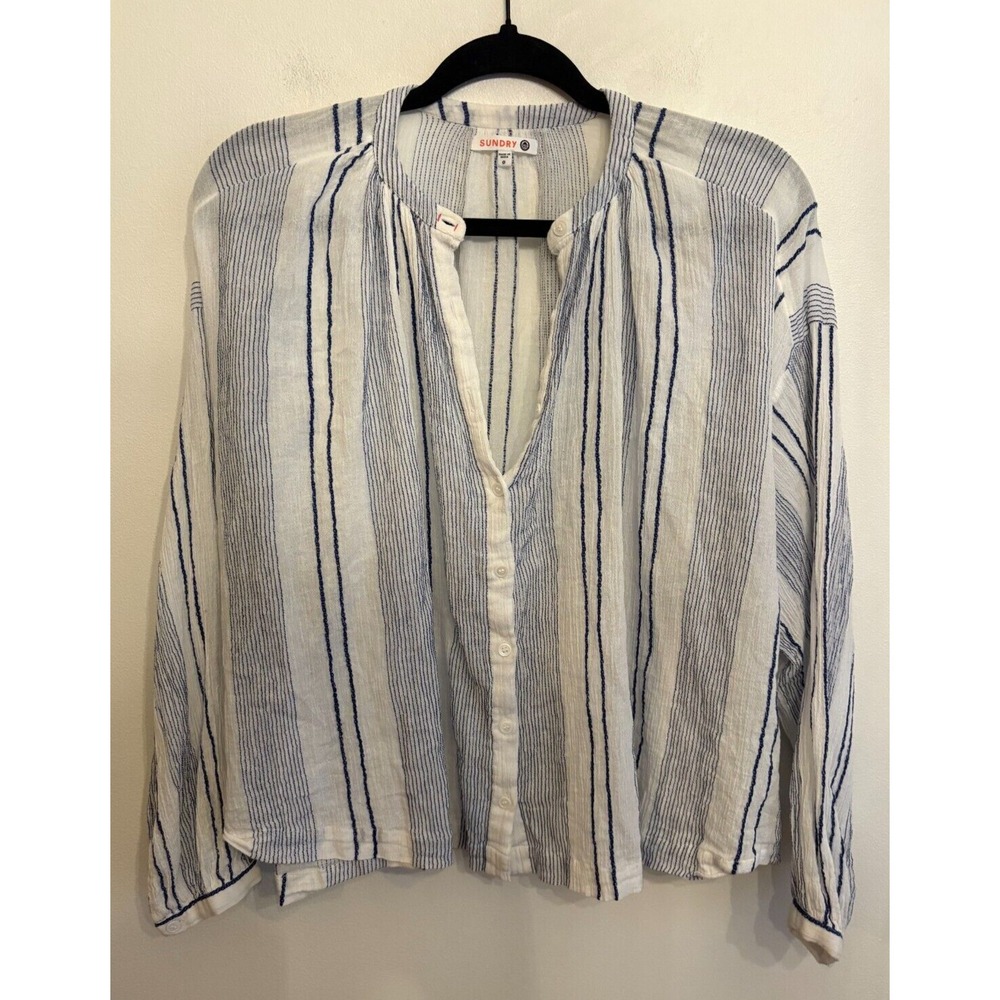 Evereve Sundry Blue White Striped Long Sleeve Button Down Collarless Blouse‎